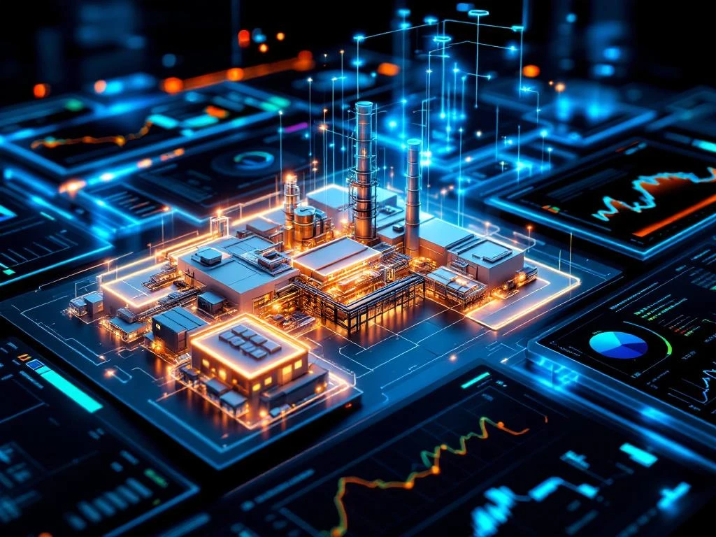 Digital twin system visualization on Grafana dashboards showing 3D industrial facility with connected data points, analytics graphs and performance metrics.